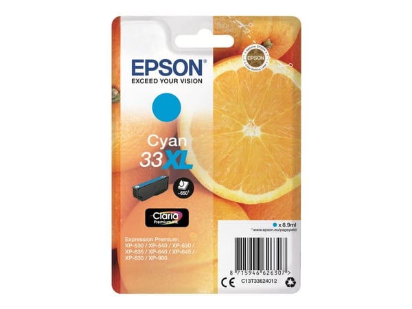 Epson 33XL - 8,9 ml - XL - syaani - alkuperäinen - läpipainopakkaus - värikasetti - Expression Home XP-635, 830; Expression Premium XP-530, 540, 63...