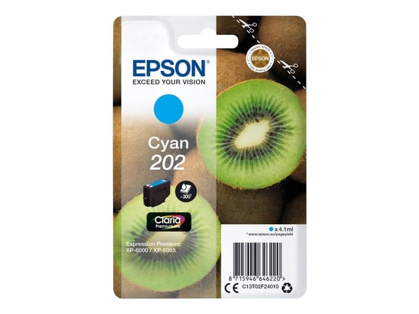 Epson Kiwi Singlepack Cyan 202 Claria Premium Ink, Perusvärintuotto, Syaani, 4,1 ml, 1 kpl, 300 sivua
