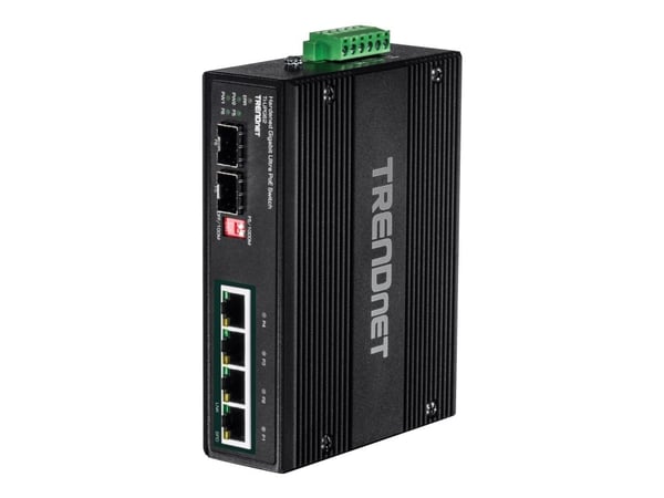 TRENDnet TI-UPG62 - Switch - ohanterad - 4 x 10/100/1000 (PoE+) + 2 x Gigabit SFP - DIN-skenmonterbar, väggmonterbar - PoE+ (240 W) - likström - TA...