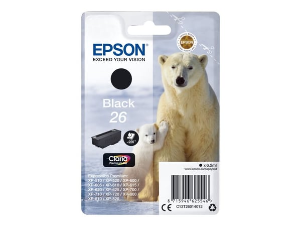 Epson 26 - 6.2 ml - svart - original - blekkpatron - for Expression Premium XP-510, 520, 600, 605, 610, 615, 620, 625, 700, 710, 720, 800, 810, 820