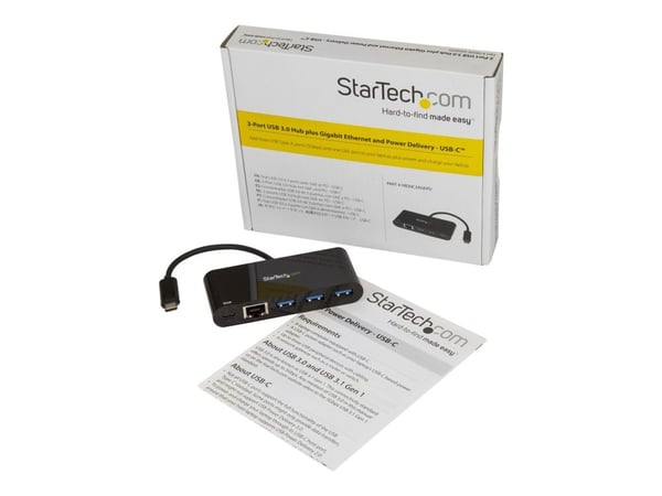 Startech 3 Port USB-C Hub with Gigabit Ethernet & 60W Power Delivery Passthrough Laptop Charging, USB-C to 3x USB-A (USB 3.0 SuperSpeed 5Gbps), USB...