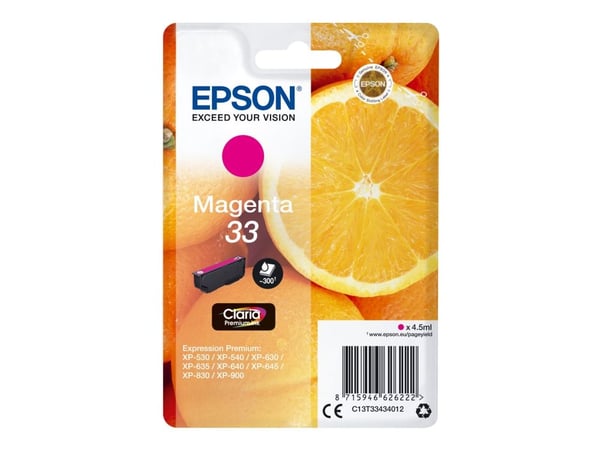 Epson Oranges Singlepack Magenta 33 Claria Premium Ink, Perusvärintuotto, Väriainepohjainen muste, 4,5 ml, 300 sivua, 1 kpl