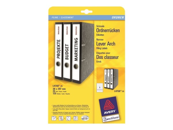 Avery L4758 - Hvit - 38 x 297 mm 125 stk (25 ark x 5) filmappeetiketter