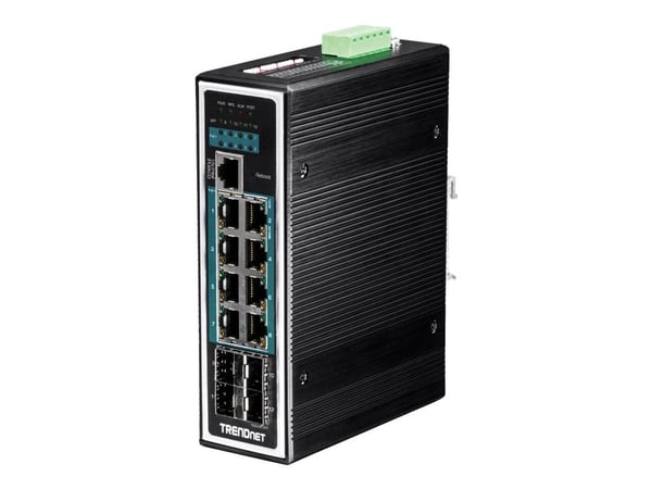TRENDnet TI-PG1284I - Switch - L2+ - Styrt - 8 x 10/100/1000 (PoE+) + 4 x Gigabit SFP - DIN-skinnemonterbar - PoE+ (240 W) - TAA-samsvar
