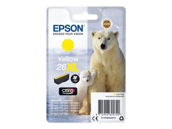 Epson Polar bear Yksittäispakkaus, keltainen 26XL Claria Premium -muste, Korkea (XL) värintuotto, Väriainepohjainen muste, 9,7 ml, 700 sivua, 1 kpl