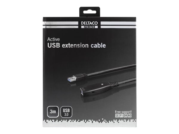 Deltaco Aktiivinen USB 3.0-jatkokaapeli, Tyyppi A ur - na, 3m, 3 m, USB A, USB A, USB 3.2 Gen 1 (3.1 Gen 1), 5 Gbit/s, Musta