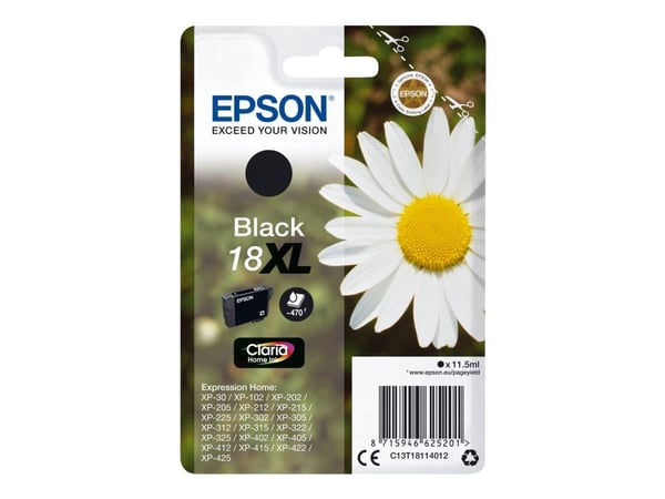 Epson 18XL - 11.5 ml - XL - svart - original - blekkpatron - for Expression Home XP-212, 215, 225, 312, 315, 322, 325, 412, 415, 422, 425