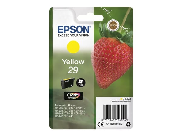 Epson Strawberry Singlepack Yellow 29 Claria Home Ink, Perusvärintuotto, Keltainen, Väriainepohjainen muste, 3,2 ml, 1 kpl, 180 sivua