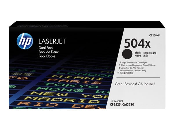 HP 504X, alkuperäinen riittoisa musta LaserJet-värikasetti, kaksoispakkaus, 21000 sivua, Musta, 2 kpl