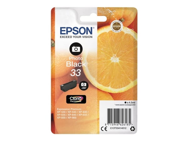 Epson Oranges 33 Appelsiinit Claria Premium, yksittäispakkaus, valokuvamusta muste, Perusvärintuotto, Musta, Väripohjainen muste, 4,5 ml, 1 kpl, 20...