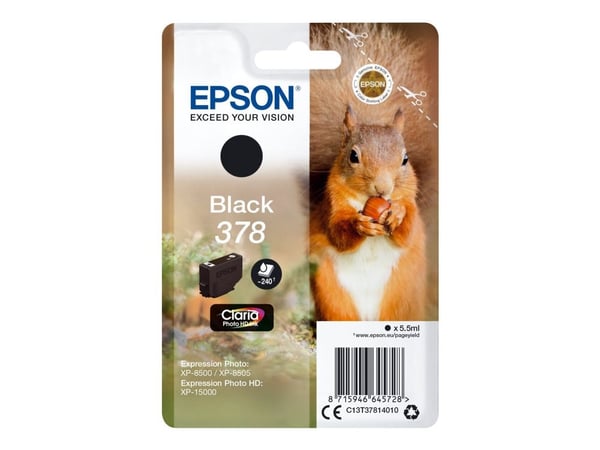 Epson Squirrel Singlepack Black 378 Claria Photo HD Ink, Perusvärintuotto, Väriainepohjainen muste, 5,5 ml, 240 sivua, 1 kpl