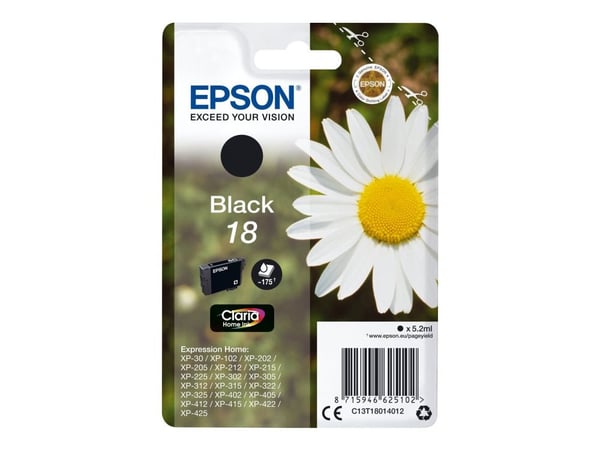 Epson 18 - 5.2 ml - svart - original - blekkpatron - for Expression Home XP-212, 215, 225, 312, 315, 322, 325, 412, 415, 422, 425