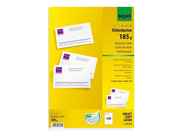 Sigel DP830 - Mikroperforert - sterkt hvitt - 85 x 55 mm - 185 g/m² - 150 kort (15 ark x 10) visittkort