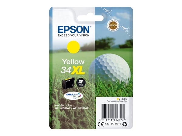 Epson Golf ball Singlepack Yellow 34XL DURABrite Ultra Ink, Korkea (XL) värintuotto, Väriainepohjainen muste, 10,8 ml, 950 sivua, 1 kpl