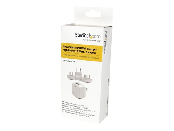 Startech Dual Port USB Wall Charger 17W/3.4A - Travel Charger 110V/220V - Strømadapter - 17 watt - 3.4 A - 2 utgangskontakter (USB) - hvit - for P/...