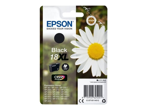 Epson 18XL - 11.5 ml - XL - svart - original - blære med RF-alarm - blekkpatron - for Expression Home XP-212, 215, 225, 312, 315, 322, 325, 412, 41...