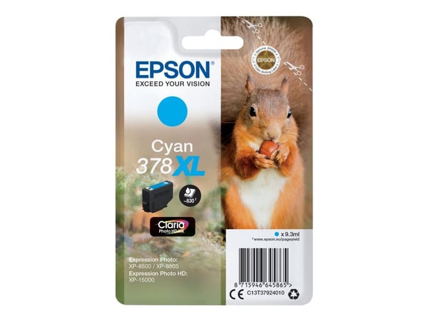 Epson Squirrel Singlepack Cyan 378XL Claria Photo HD Ink, Korkea (XL) värintuotto, Syaani, 9,3 ml, 1 kpl, 830 sivua