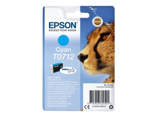 Epson T0712 - 5.5 ml - cyan - original - blekkpatron - for Stylus DX9400, SX115, SX210, SX215, SX218, SX415, SX515, SX610; Stylus Office BX310, BX610