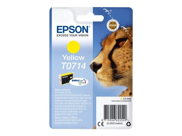 Epson T0714 - 5.5 ml - gul - original - blekkpatron - for Stylus DX9400, SX115, SX210, SX215, SX218, SX415, SX515, SX610; Stylus Office BX310, BX610