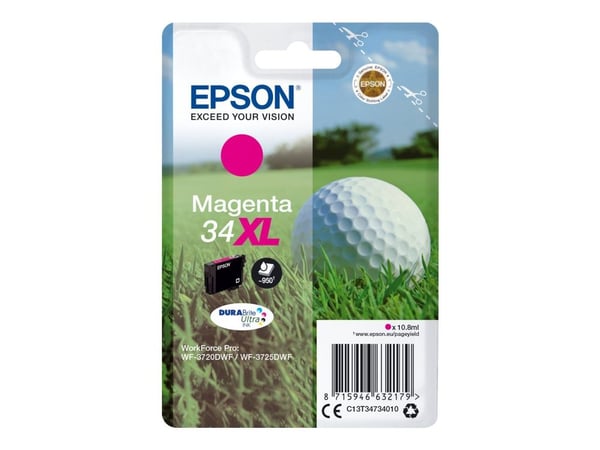 Epson Golf ball Singlepack Magenta 34XL DURABrite Ultra Ink, Korkea (XL) värintuotto, Väriainepohjainen muste, 10,8 ml, 950 sivua, 1 kpl