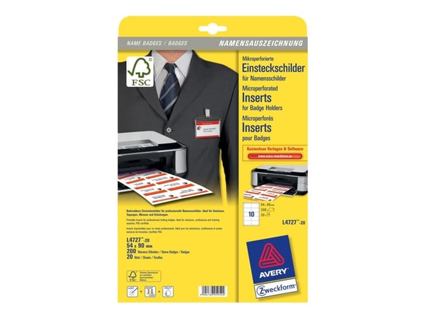 Avery Name Badges Printable inserts - Hvit - 54 x 90 mm - 190 g/m² - 200 kort (20 ark x 10) navneskiltkort