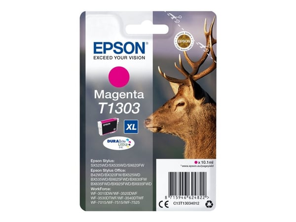 Epson Stag Yksittäispakkaus, magenta T1303 DURABrite Ultra -muste, Korkea (XL) värintuotto, Väriainepohjainen muste, 10,1 ml, 600 sivua, 1 kpl