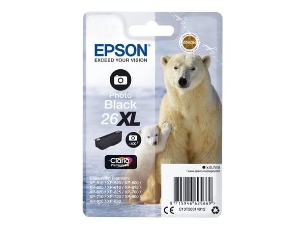 Epson Polar bear Yksittäispakkaus, valokuvamusta 26XL Claria Premium -muste, Korkea (XL) värintuotto, Väripohjainen muste, 8,7 ml, 400 sivua, 1 kpl