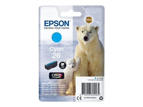 Epson Polar bear Yksittäispakkaus, syaani 26 Claria Premium -muste, Perusvärintuotto, 4,5 ml, 300 sivua, 1 kpl