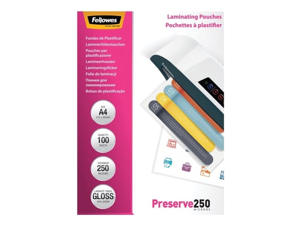 Fellowes Laminating Pouches Preserve 250 Micron - 250 mikroner - 100-pack - glanset - gjennomsiktig - A4 (210 x 297 mm) lamineringspunger