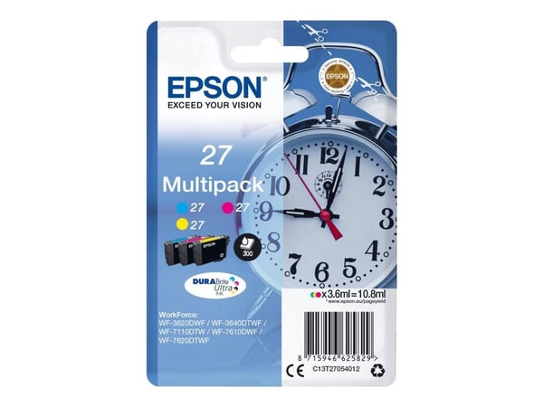 Epson 27 Multi-Pack - 3-pack - 10.8 ml - gul, cyan, magenta - original - blære med RF/lyd-alarm - blekkpatron - for WorkForce WF-3620, WF-3640, WF-...