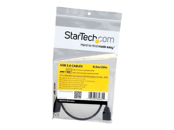StarTech 0.5m 20in Slim USB 3.0 A to Micro B Cable M/M - Mobile Charge Sync USB 3.0 Micro B Cable for Smartphones and Tablets (USB3AUB50CMS) - USB-...