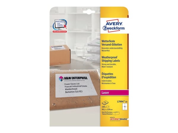 Avery Zweckform L7994 - Permanet adhesiv - hvit - 99.1 x 139 mm 100 etikett(er) (25 ark x 4) forsendelsesetiketter