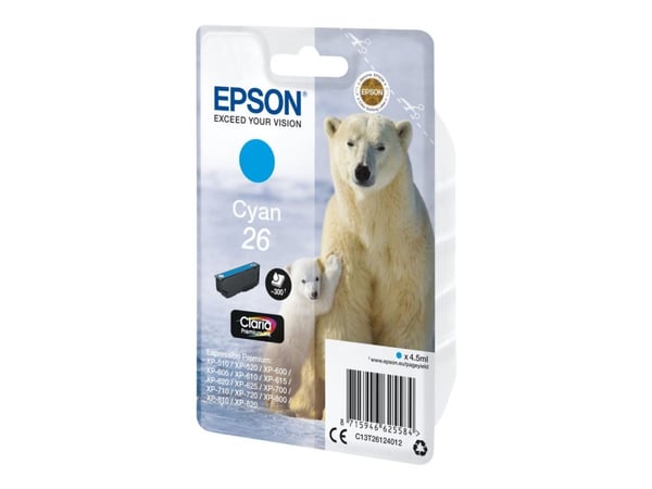Epson Polar bear Yksittäispakkaus, syaani 26 Claria Premium -muste, Perusvärintuotto, 4,5 ml, 300 sivua, 1 kpl