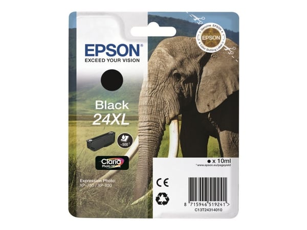 Epson Elephant 24XL Norsu Claria Photo HD, yksittäispakkaus, musta muste, High (L) Yield, Musta, Väriainepohjainen muste, 10 ml, 1 kpl, 500 sivua