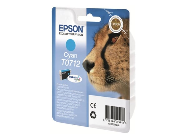 Epson T0712 - 5,5 ml - syaani - alkuperäinen - läpipainopakkaus - värikasetti - Stylus DX9400, SX115, SX210, SX215, SX215, SX218, SX415, SX515, SX6...