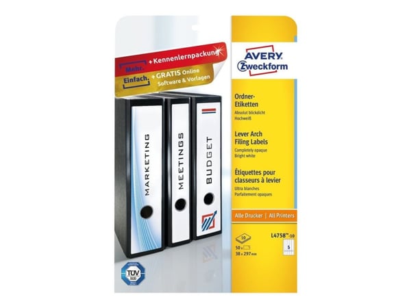 Avery L4758 - Hvit - 38 x 297 mm 125 stk (25 ark x 5) filmappeetiketter