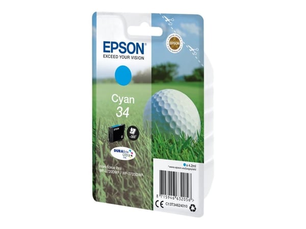 Epson Golf ball Singlepack Cyan 34 DURABrite Ultra Ink, Perusvärintuotto, 4,2 ml, 300 sivua, 1 kpl