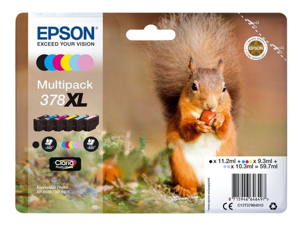 Epson 378XL Multipack - 6-pack - 59.7 ml - XL - svart, gul, cyan, magenta, lys magenta, lys cyan - original - blære med RF/lyd-alarm - blekkpatron ...