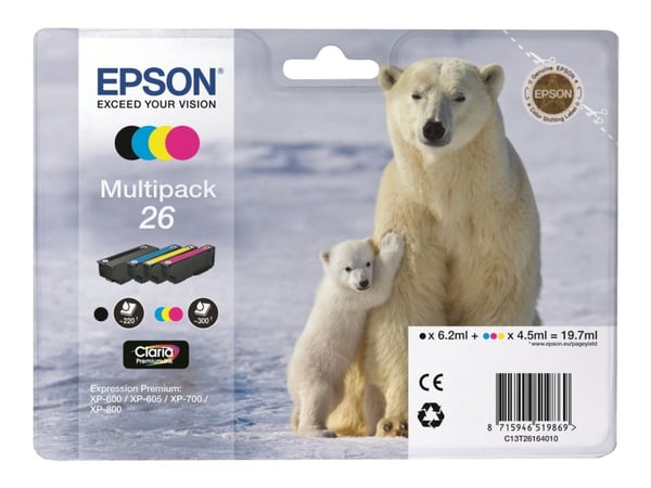 Epson Polar bear Monipakkaus, 4 väriä 26 Claria Premium -muste, musta, Syaani, Magenta, Keltainen, Väriainepohjainen muste, Väripohjainen muste, 6,...