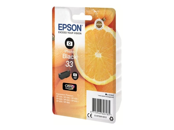 Epson Oranges 33 Appelsiinit Claria Premium, yksittäispakkaus, valokuvamusta muste, Perusvärintuotto, Musta, Väripohjainen muste, 4,5 ml, 1 kpl, 20...