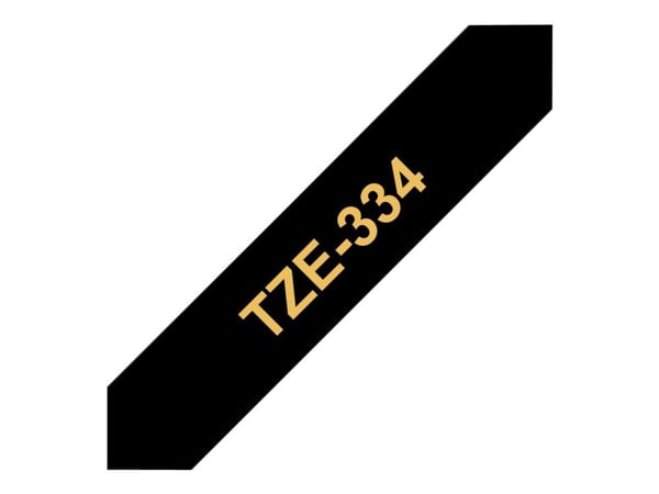 Brother TZe-334 - Standardklebemiddel - gull på sort - Rull (1,2 cm x 8 m) 1 kassett(er) laminert teip - for Brother PT-D210, D600, H110; P-Touch P...