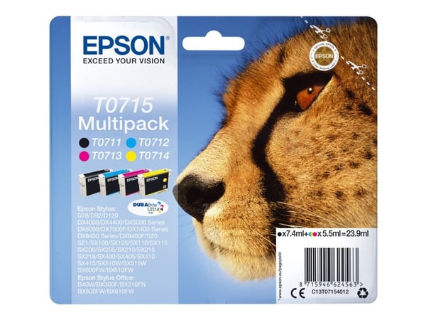 Epson Monipakkaus, 4 väriä T0715 DURABrite Ultra -muste, Perusvärintuotto, Musta, Syaani, Magenta, Keltainen, 7,4 ml, 5,5 ml, 1 kpl, Monipakkaus