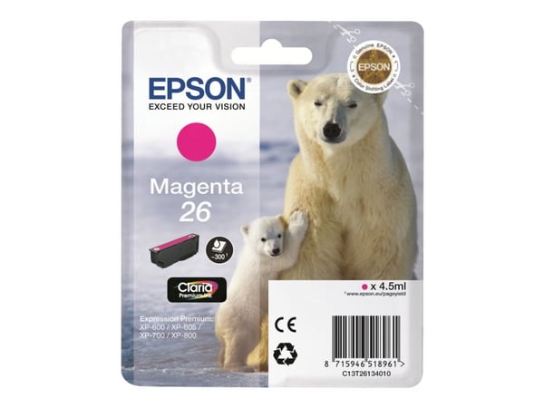 Epson 26 - Magenta - Original - Blekkpatron - for Expression Photo XP-760, Expression Premium XP-510, 520, 615, 620, 625, 710, 720, 810, 820 (C13T2...