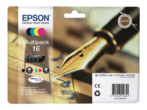 Epson 16 -monipakkaus – 4 kpl – musta, keltainen, syaani, magenta – alkuperäinen – mustekasetti – WorkForce WF-2010, 2510, 2520, 2530, 2540, 2630, ...
