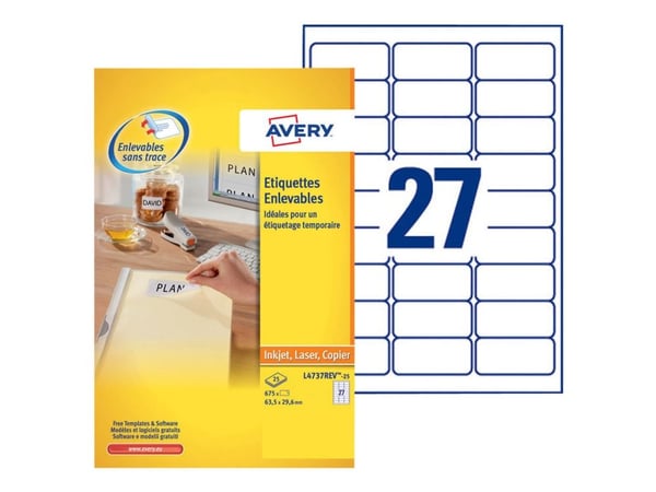 Avery - Fjernbart adhesiv - hvit - 63.5 x 29.6 mm 675 etikett(er) (25 ark x 27) merkelapper