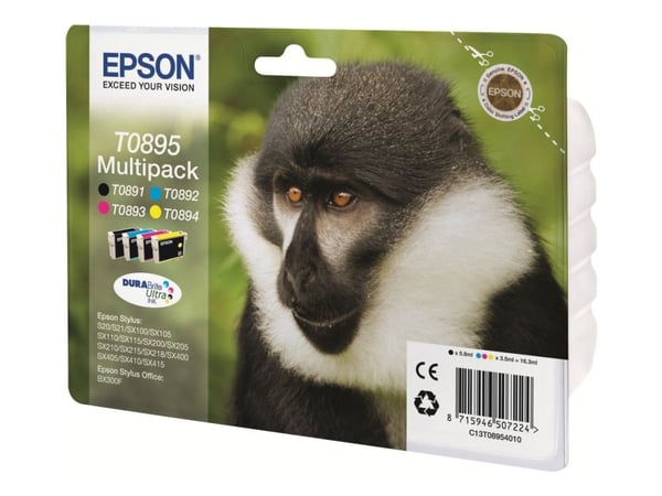 Epson Monkey Monipakkaus, 4 väriä T0895 DURABrite Ultra -muste, musta, Syaani, Magenta, Keltainen, 5,8 ml, 3,5 ml, 1 kpl, Monipakkaus