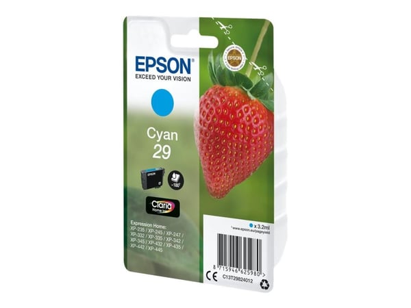 Epson Strawberry Singlepack Cyan 29 Claria Home Ink, Perusvärintuotto, Syaani, 3,2 ml, 1 kpl, 180 sivua