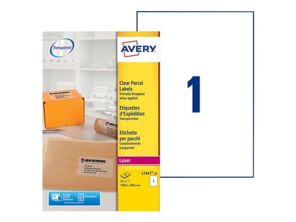 Avery L7567-25, Läpinäkyvä, Pyöristetty suorakulmio, Kiinteä, DIN A4, Polyesteri, Laser