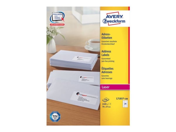 Adresseetiketter, Avery L7181-100, 70 x 37 mm, 24 pr. ark, 100 ark