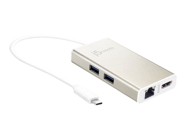 j5create JCA374-N USB-C® Multi-Adapter, Langallinen, USB Type-C, 60 W, 10,100,1000 Mbit/s, Kulta, Valkoinen, Metallic Champagne